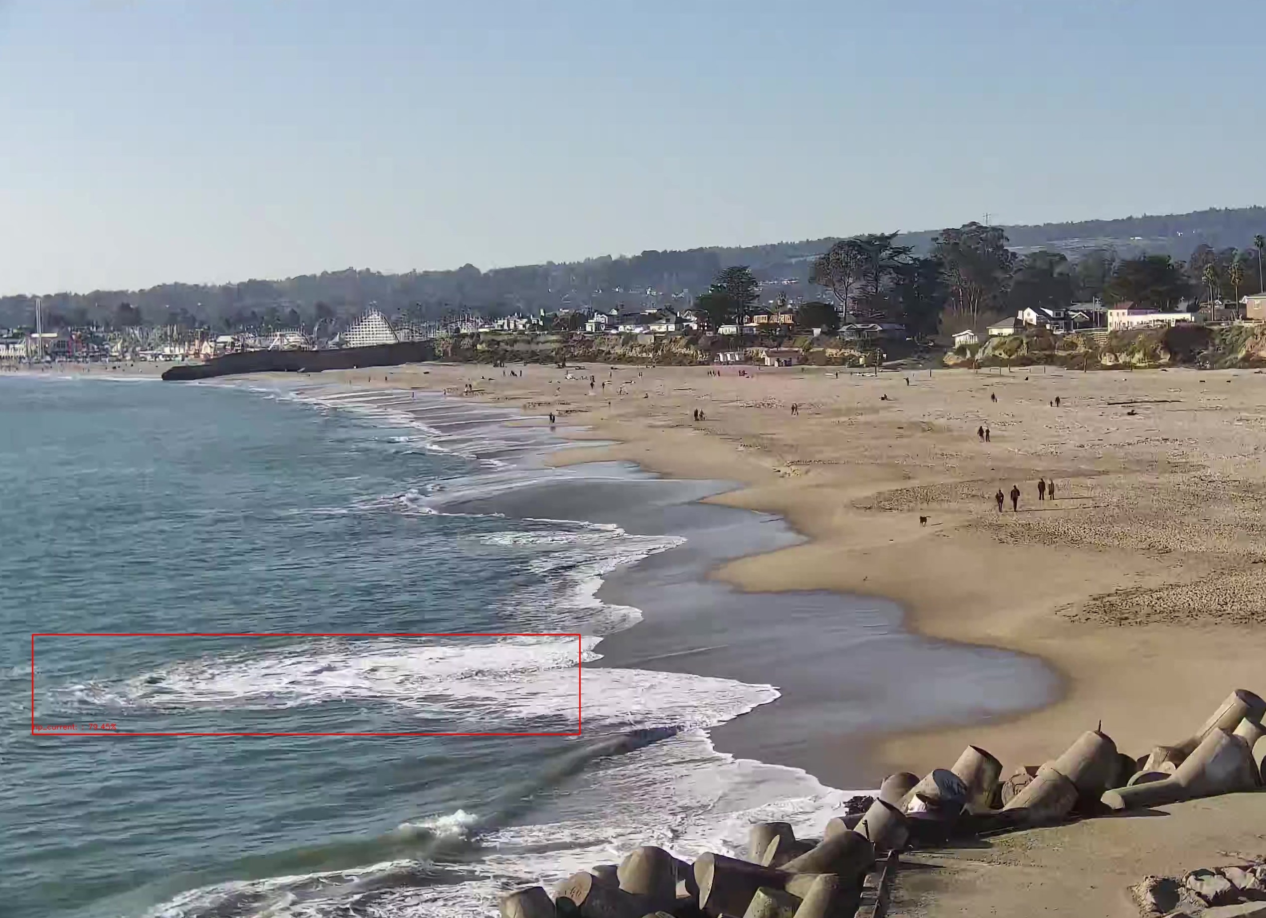 Sample annotated image from the Walton Beach, Santa Cruz camera, with a red 'detection' box indicating a rip current.